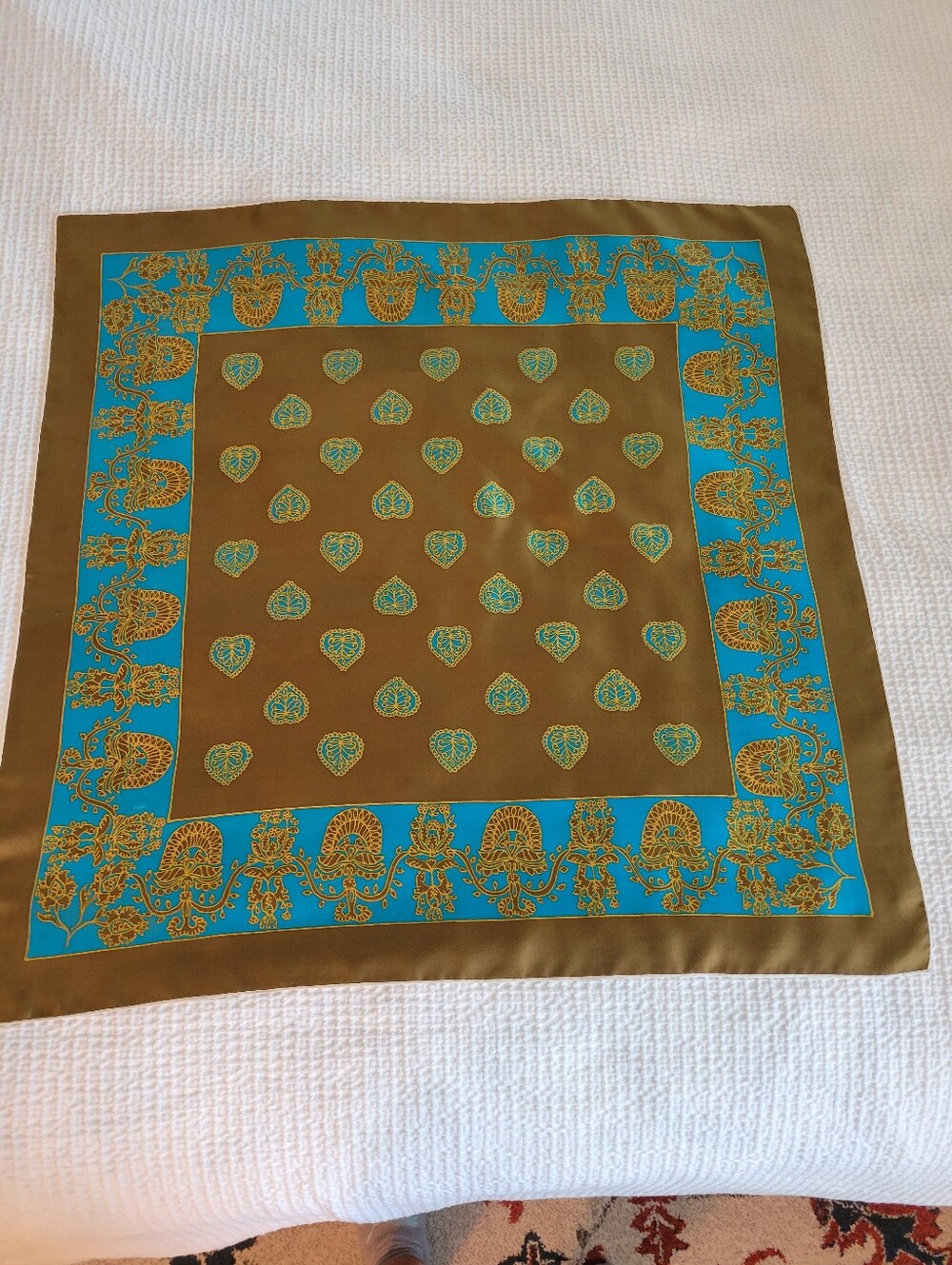 Vintage Silk Scarf in Olive Green and Turquoise,hand Rolled Edges,31X31 Inches. - Picture 2 of 9